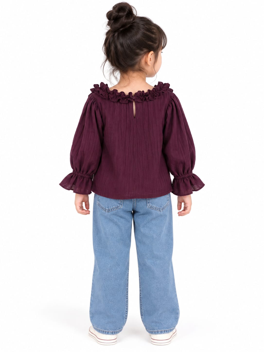 Deep Plum Ruffled Peasant Blouse for Girls