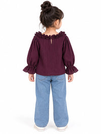 Deep Plum Ruffled Peasant Blouse for Girls