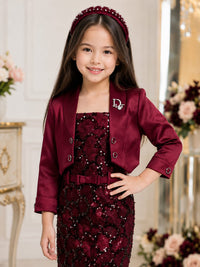 Burgundy Sequined Dress & Cropped Satin Jacket Set for Girls