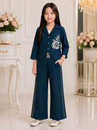 Teal Blue Embroidered Blazer & Wide-Leg Trouser Co-Ord Set for Girls