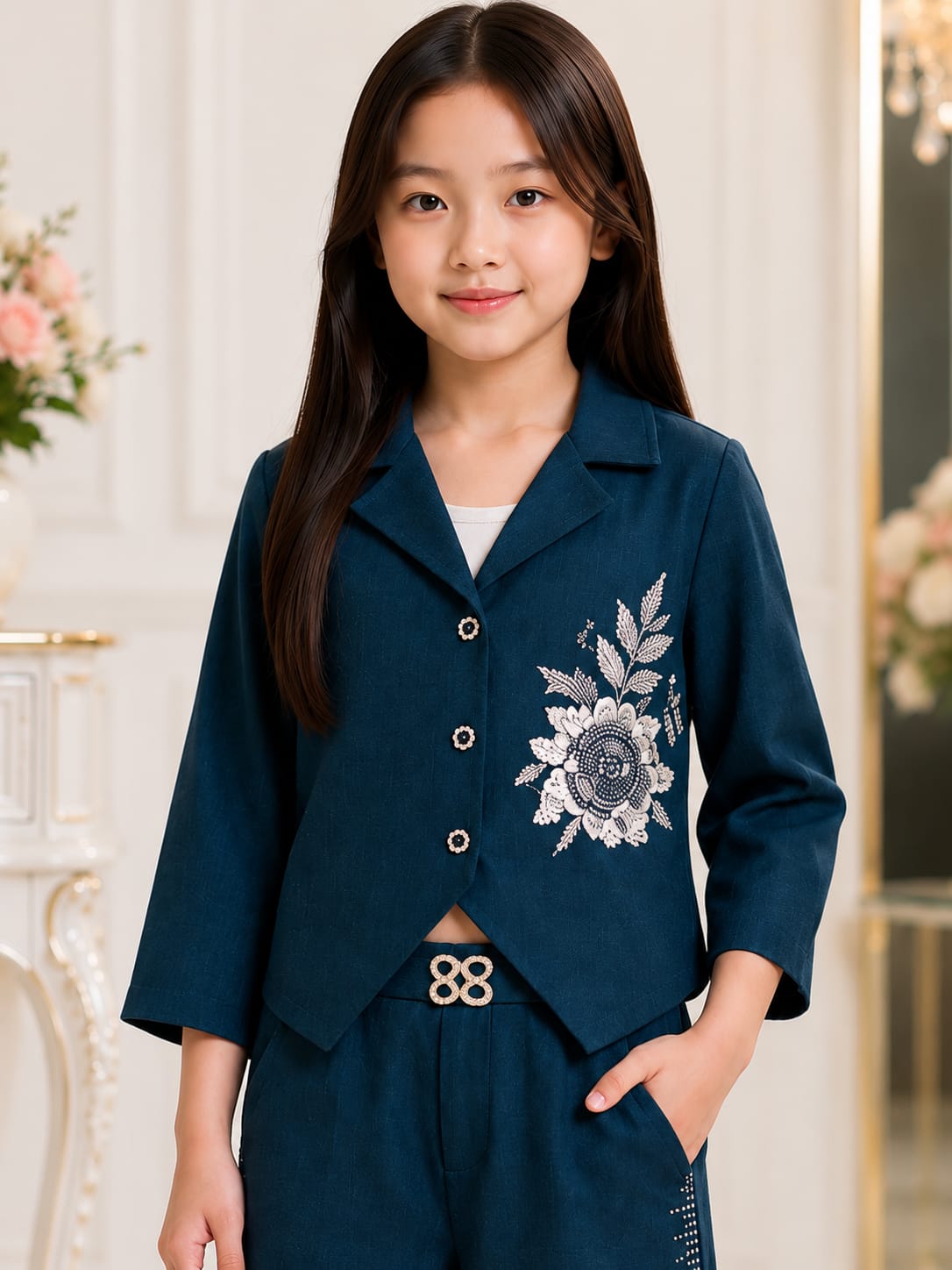 Teal Blue Embroidered Blazer & Wide-Leg Trouser Co-Ord Set for Girls