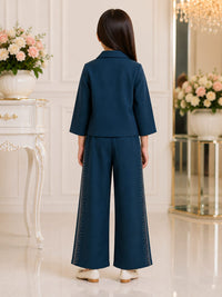 Teal Blue Embroidered Blazer & Wide-Leg Trouser Co-Ord Set for Girls