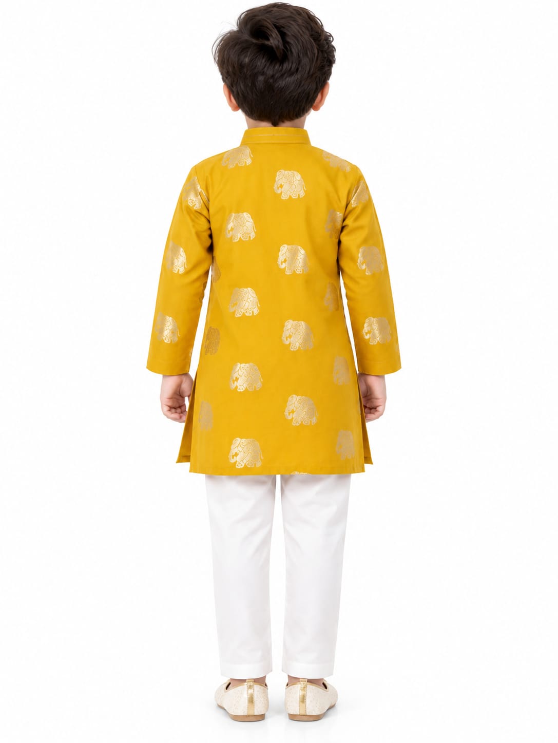 Mustard Yellow Elephant Foil Print Boys Kurta Set