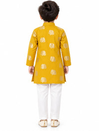 Mustard Yellow Elephant Foil Print Boys Kurta Set