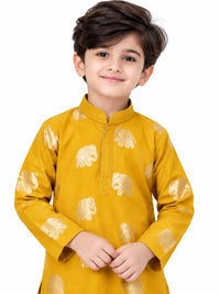 Mustard Yellow Elephant Foil Print Boys Kurta Set