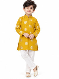 Mustard Yellow Elephant Foil Print Boys Kurta Set