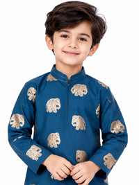 Royal Blue Elephant Foil Print Boys Kurta Set