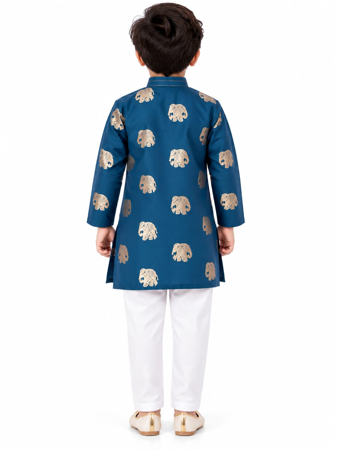 Royal Blue Elephant Foil Print Boys Kurta Set