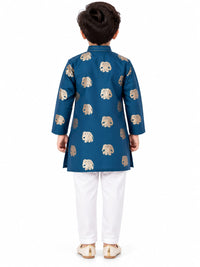 Royal Blue Elephant Foil Print Boys Kurta Set