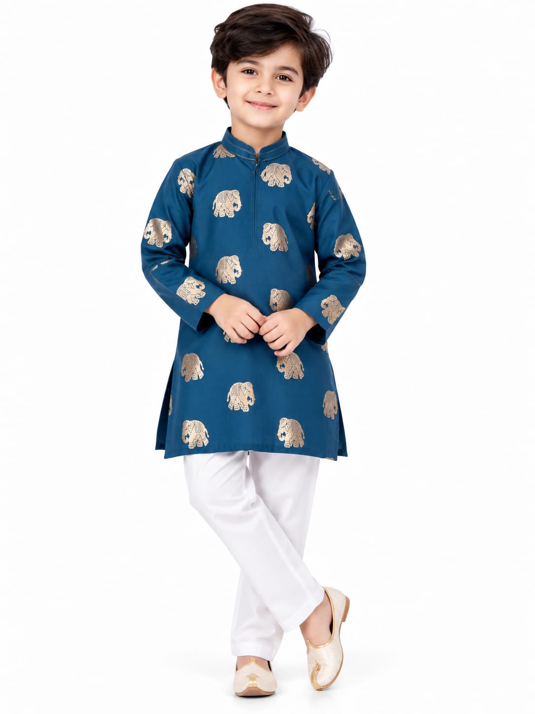Royal Blue Elephant Foil Print Boys Kurta Set