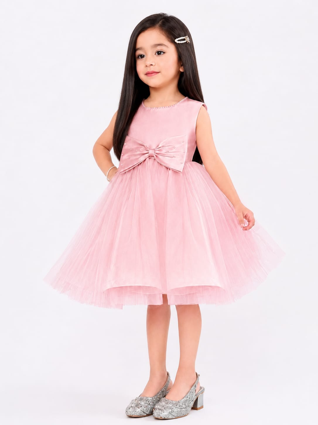 Girl's Blush Pink Tulle and Satin Party Dress