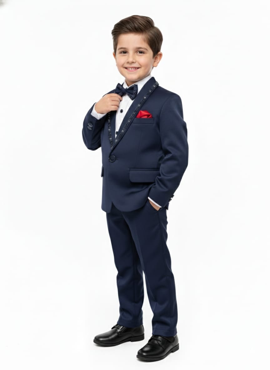 Navy Blue Tuxedo Suit with Sequined Trim along the lapels