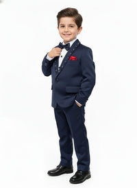 Navy Blue Tuxedo Suit with Sequined Trim along the lapels