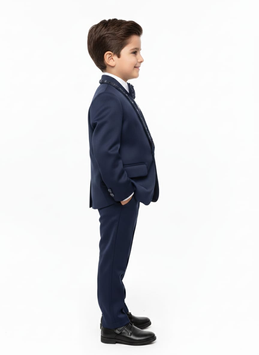 Navy Blue Tuxedo Suit with Sequined Trim along the lapels