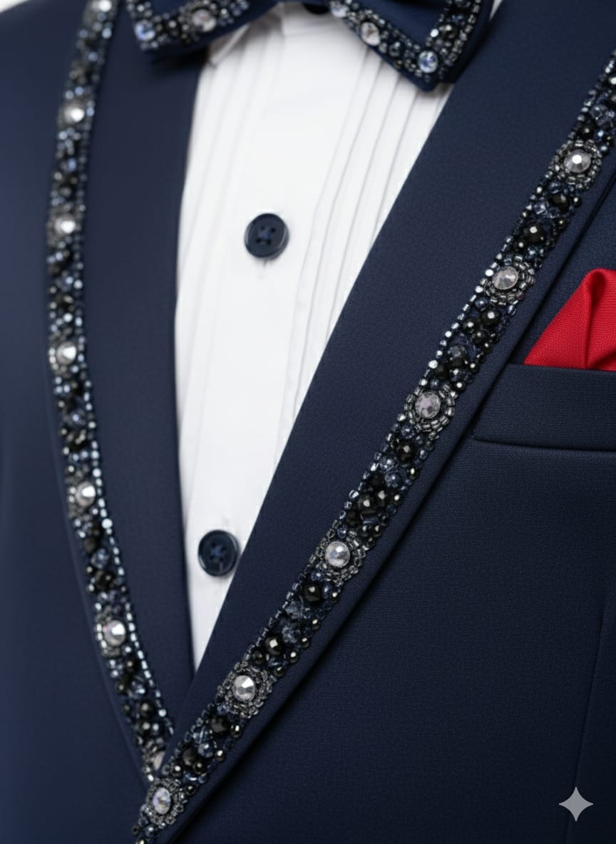 Navy Blue Tuxedo Suit with Sequined Trim along the lapels