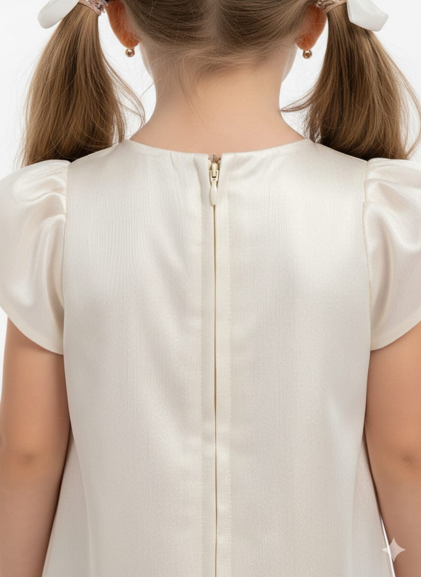 Cream Satin A-Line Formal Dress – Puff Sleeves with Crystal Bow & Oversized Floral Accent