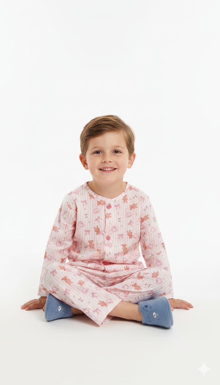 Boys' Pink Striped Teddy Bear & Bow Print Cotton Pajama Set