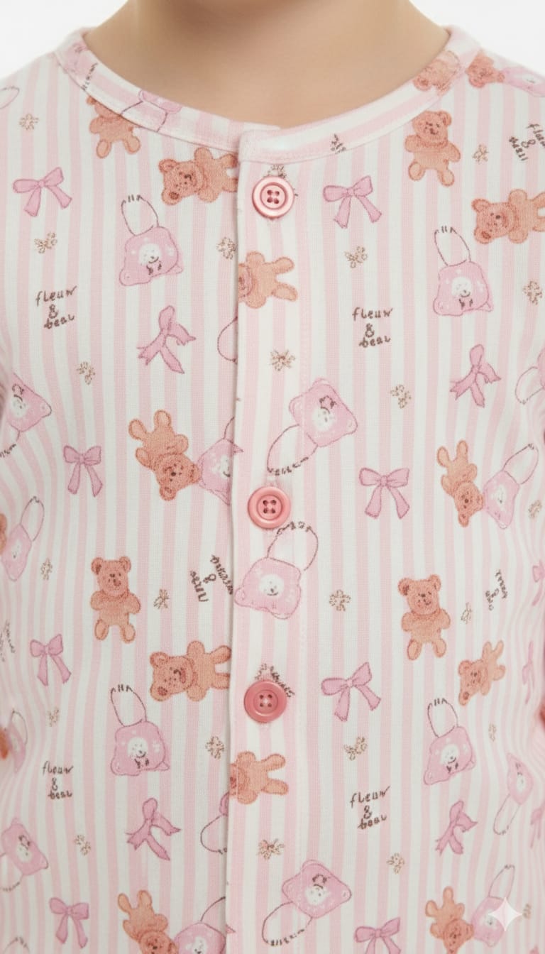 Boys' Pink Striped Teddy Bear & Bow Print Cotton Pajama Set