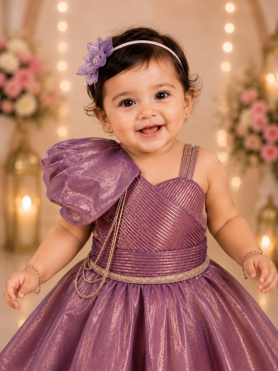 Girls' Metallic Mauve One-Shoulder Statement Party Frock