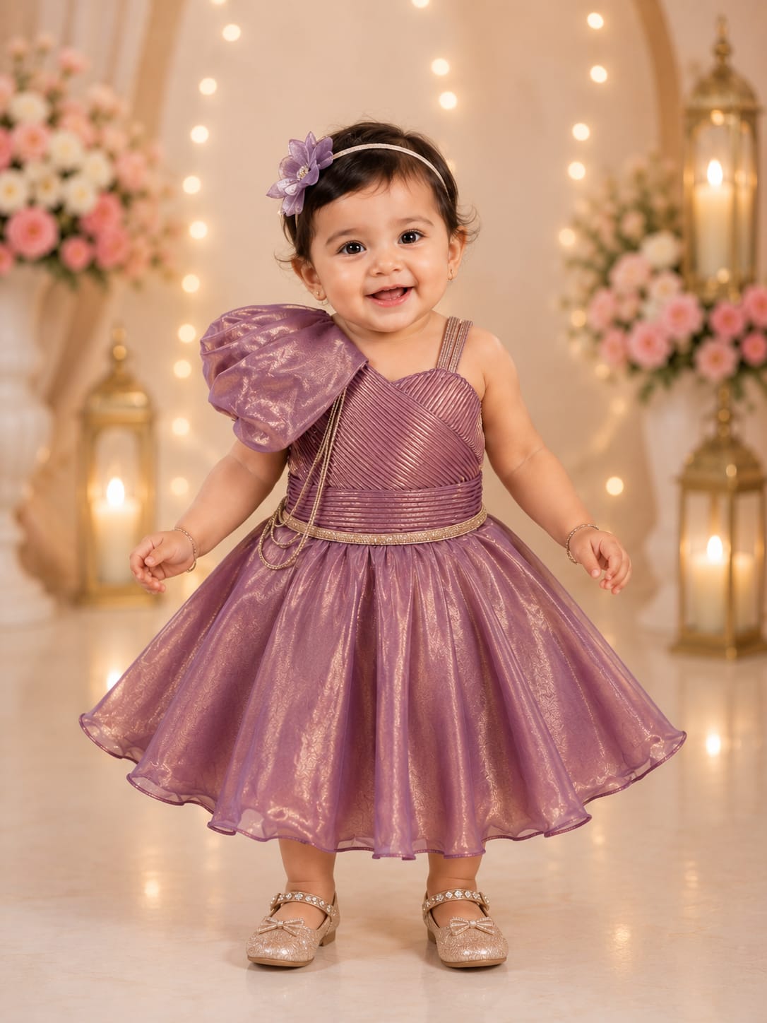 Girls' Metallic Mauve One-Shoulder Statement Party Frock