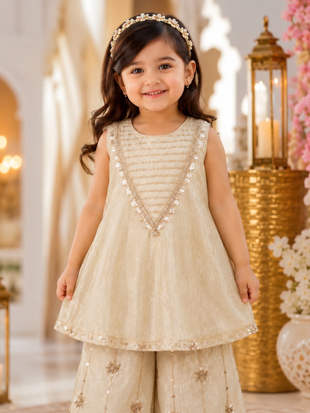 Infant Girls Cream & Gold Embroidered A-Line Kurti with Sharara Pants