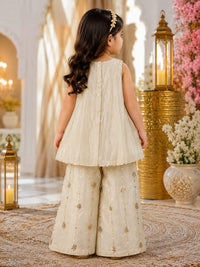 Infant Girls Cream & Gold Embroidered A-Line Kurti with Sharara Pants