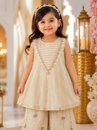 Infant Girls Cream & Gold Embroidered A-Line Kurti with Sharara Pants