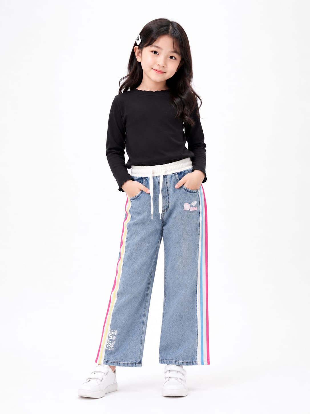 Girls' Rainbow Side-Stripe Elastic Waist Wide-Leg Jeans