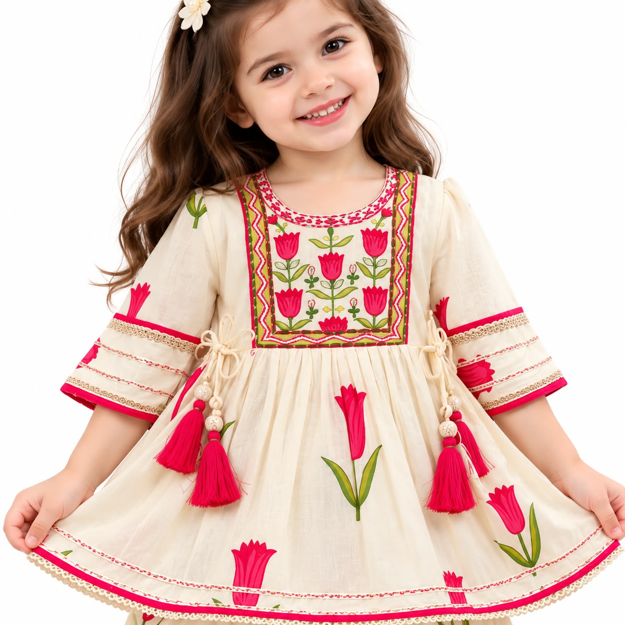 The Tulip Garden Set – Girls' Handcrafted Cotton Peplum & Dhoti Set