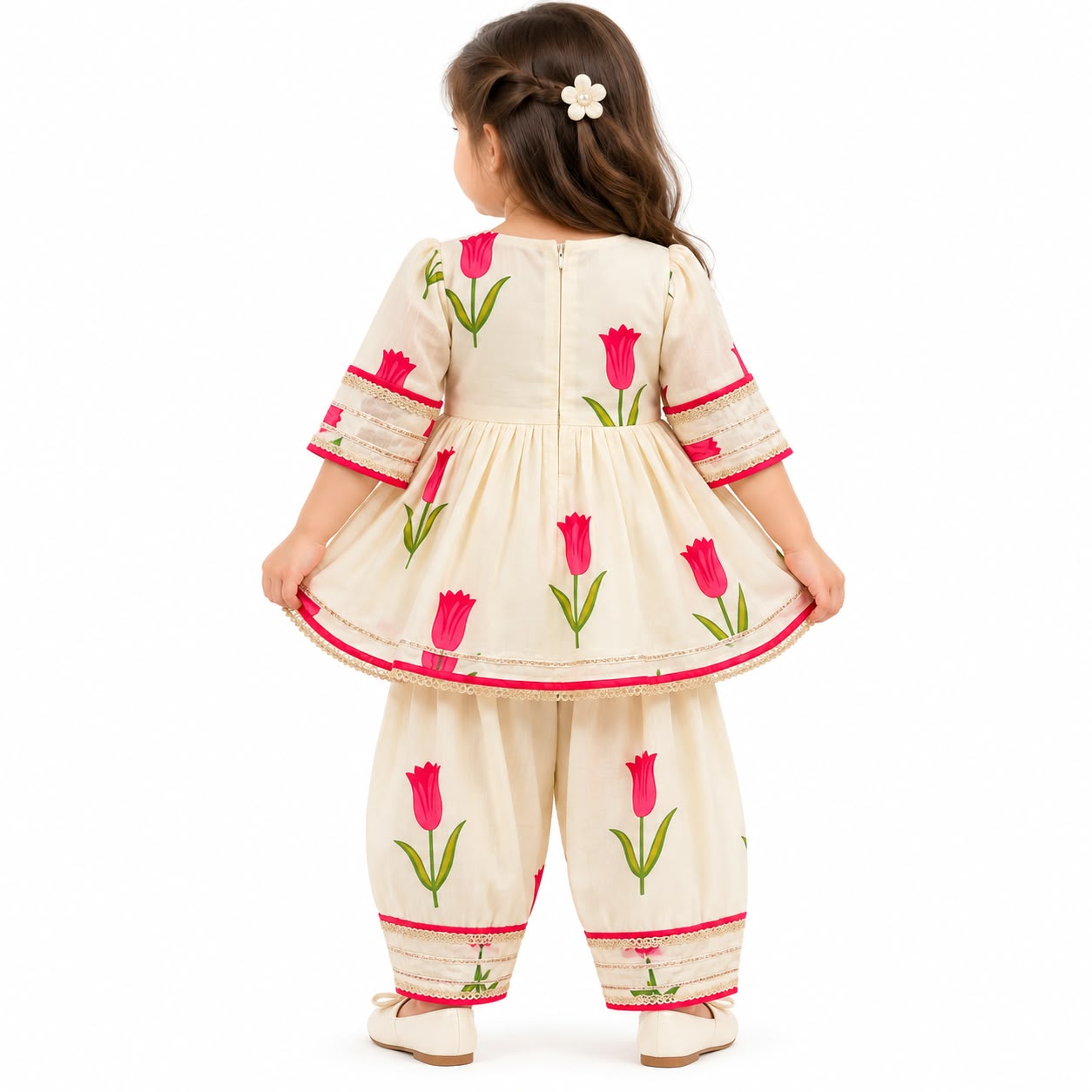 The Tulip Garden Set – Girls' Handcrafted Cotton Peplum & Dhoti Set