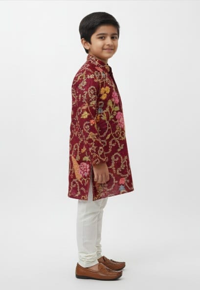Wine Jacquard Kurta Pyjama Set