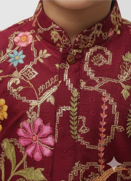 Wine Jacquard Kurta Pyjama Set