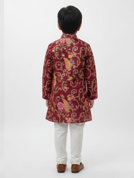 Wine Jacquard Kurta Pyjama Set