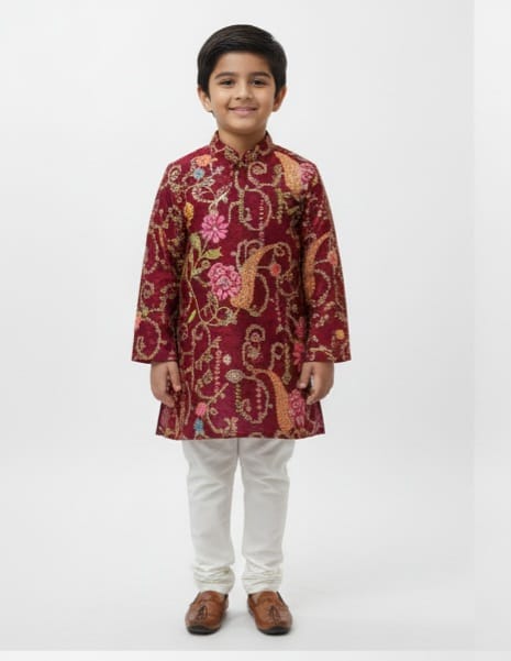 Wine Jacquard Kurta Pyjama Set