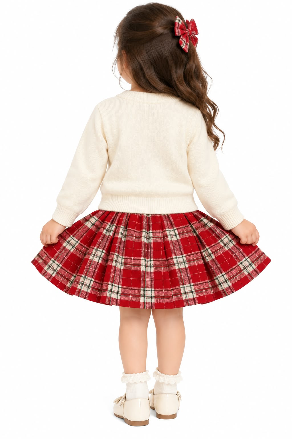 Girls' Festive Cream Knit Cardigan & Red Plaid Pleated Skirt Set