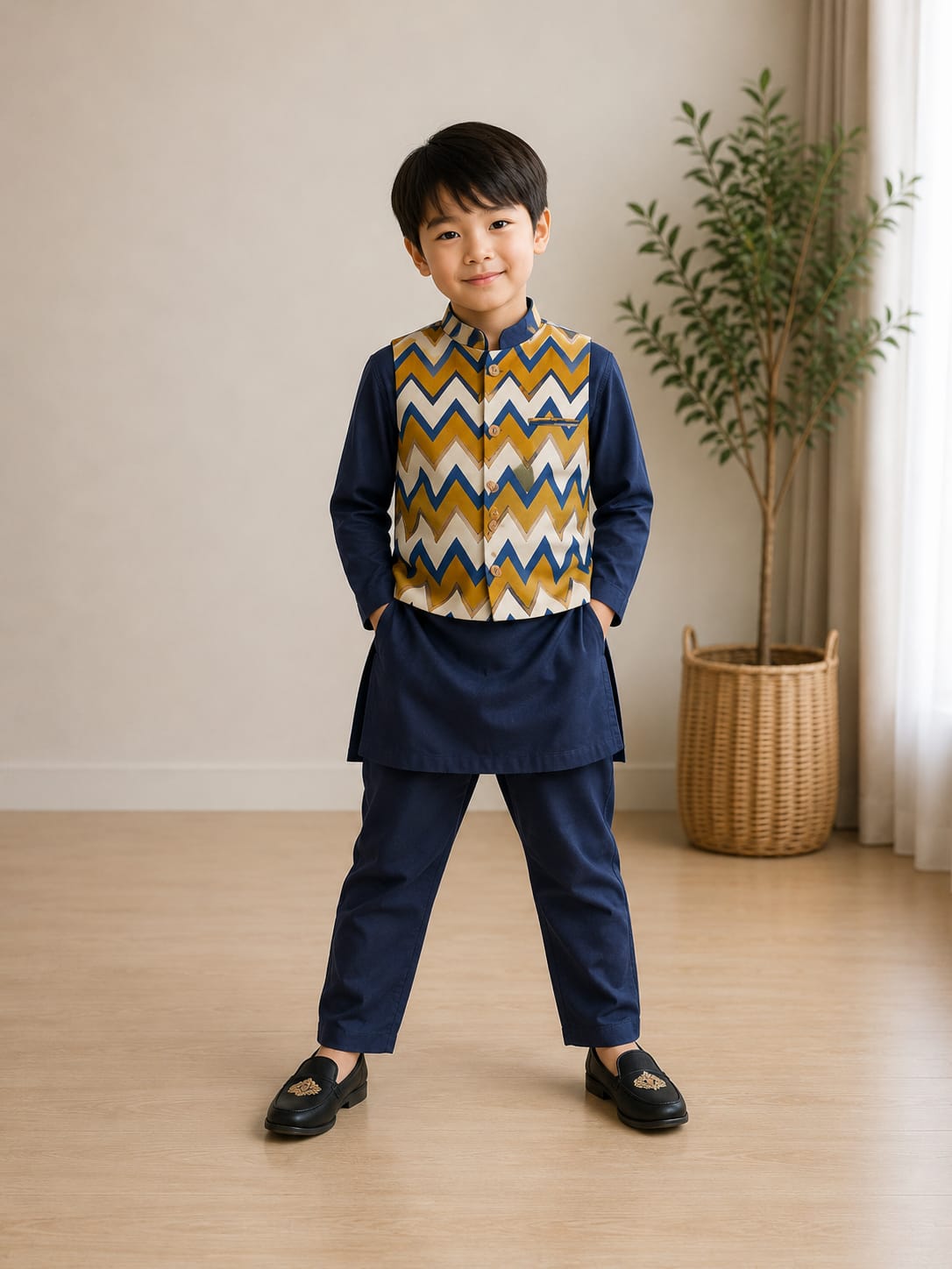 Mid Night Navy Long Kurta with Zig Zag Print Nehru Jacket - 3 pc Set