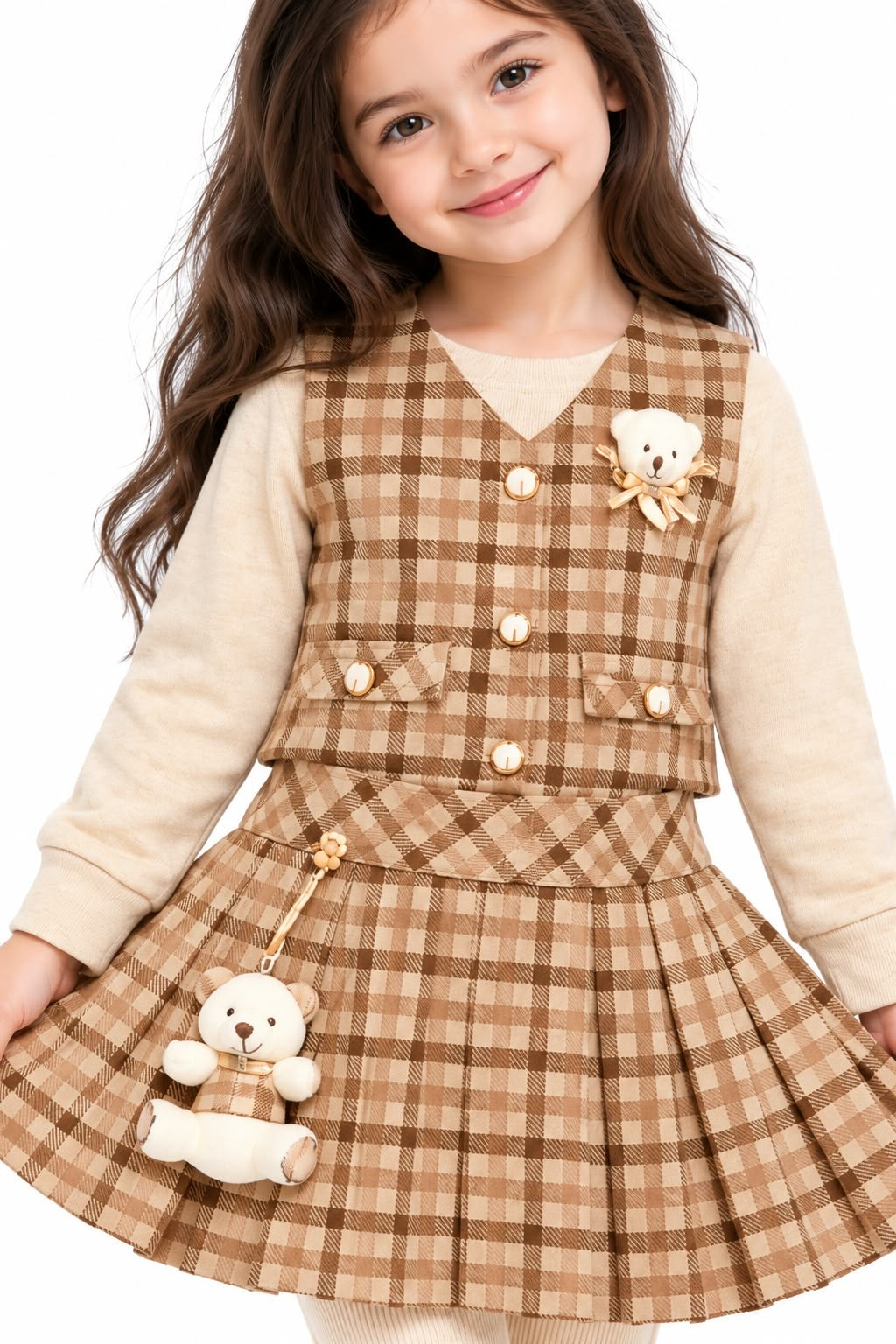 Girls' Beige Plaid Vest, Pleated Skirt & Leggings 3-Piece Outfit Set