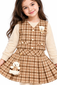 Girls' Beige Plaid Vest, Pleated Skirt & Leggings 3-Piece Outfit Set