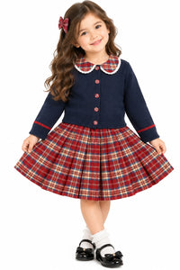 Girls' Navy Blue Knit Cardigan & Red Plaid Pleated Skirt Set.