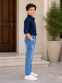 Boys' Navy Button-Down & Cargo Denim Ensemble