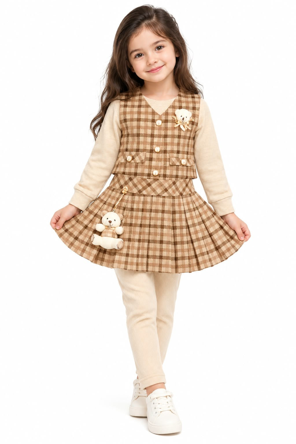 Girls' Beige Plaid Vest, Pleated Skirt & Leggings 3-Piece Outfit Set
