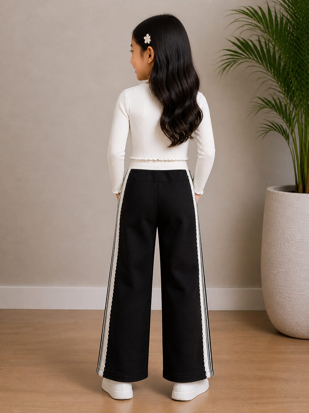 Black wide-leg cut Pants with Scalloped Lace Trim on sides