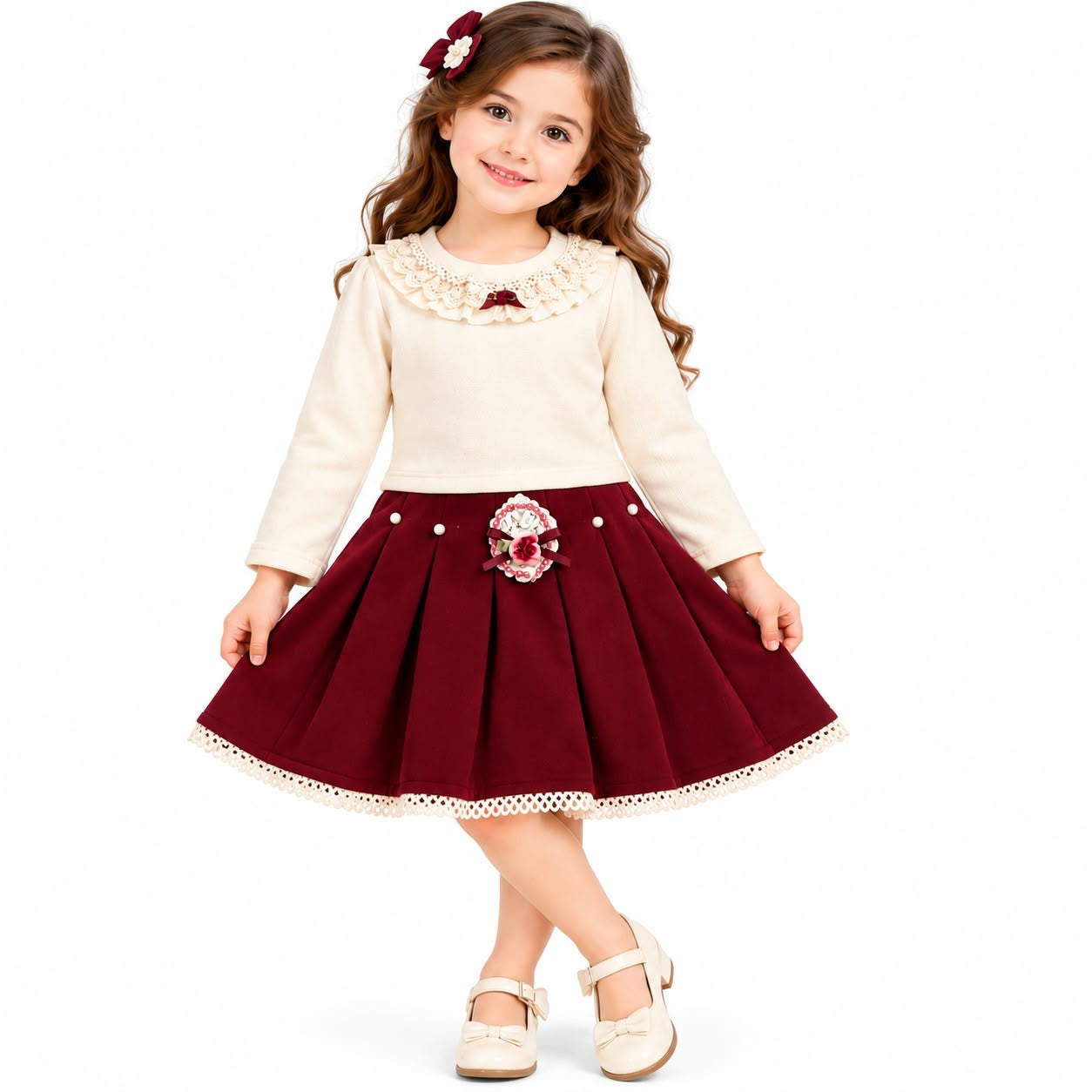 Girls' Cream Lace-Collar Top & Maroon Pleated Skirt Set
