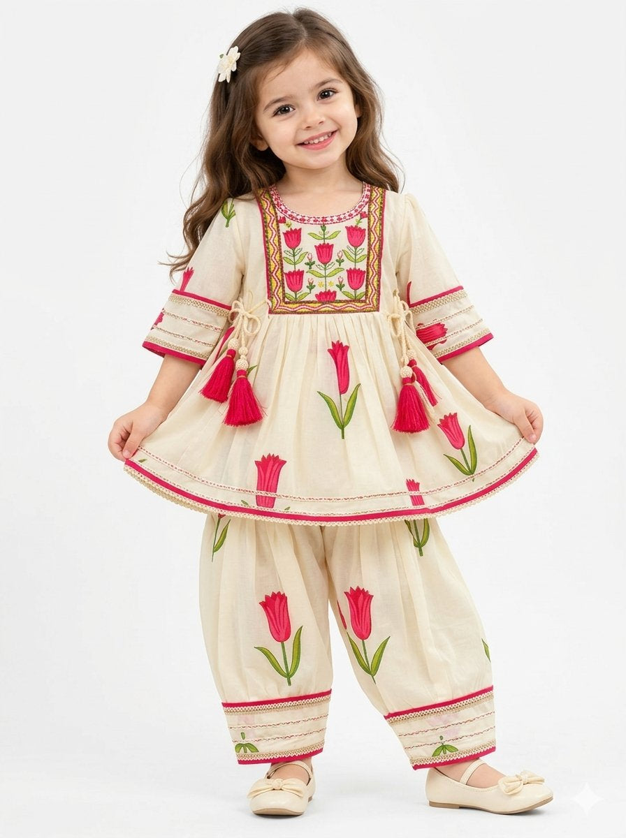 The Tulip Garden Set – Girls' Handcrafted Cotton Peplum & Dhoti Set