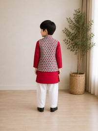 Red Long Kurta with Floral Nehru Jacket