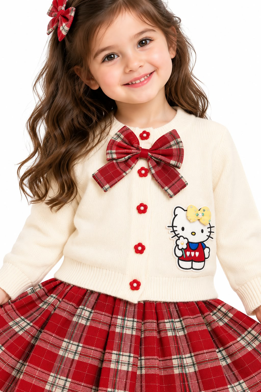 Girls' Festive Cream Knit Cardigan & Red Plaid Pleated Skirt Set
