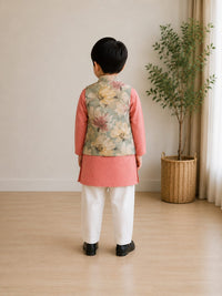 Dusty Rose Long Kurta with Silk Floral Print Nehru Jacket - 3 pc Set