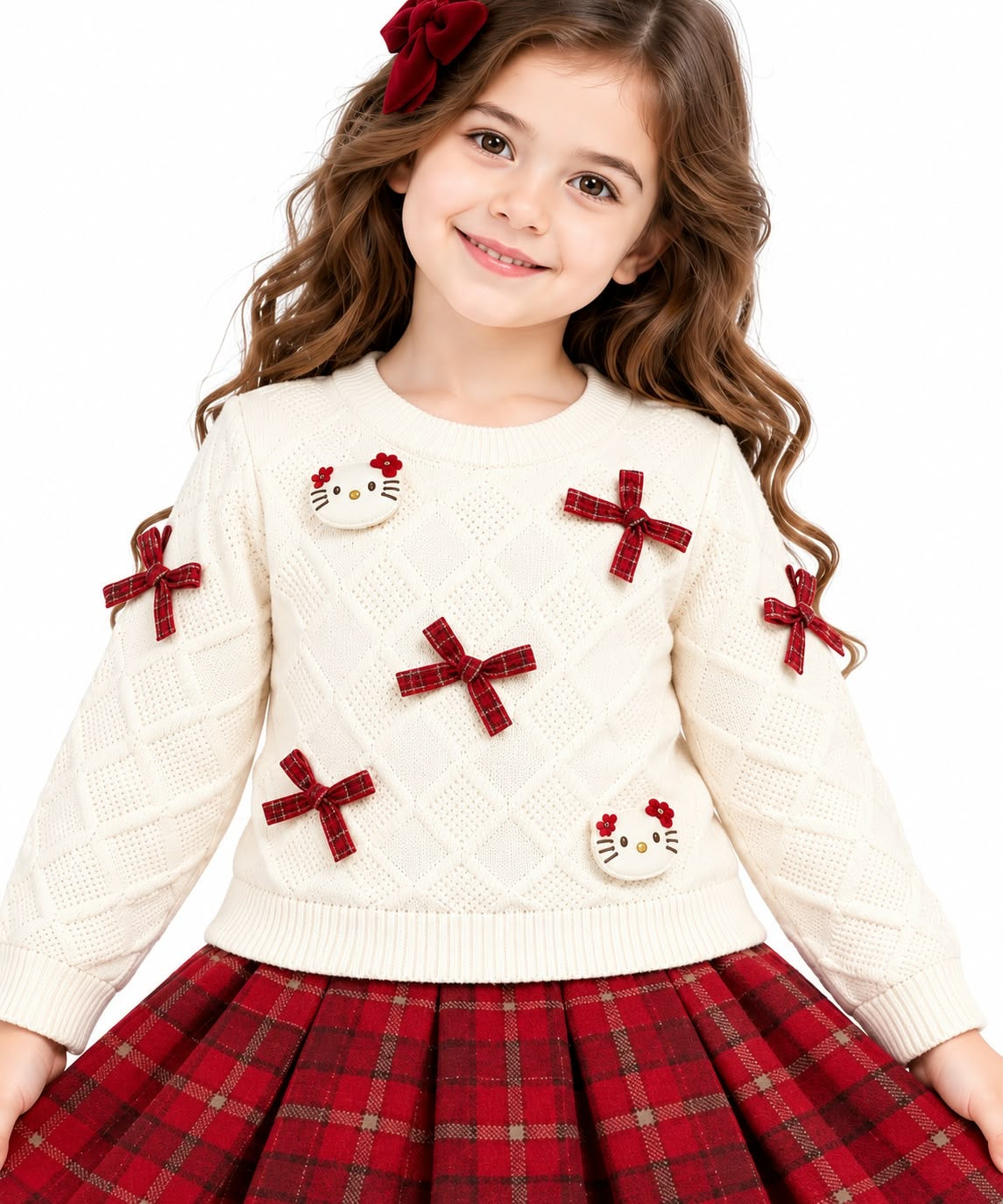 Girls' Festive Cream Cable-Knit Sweater & Red Plaid Pleated Skirt Set