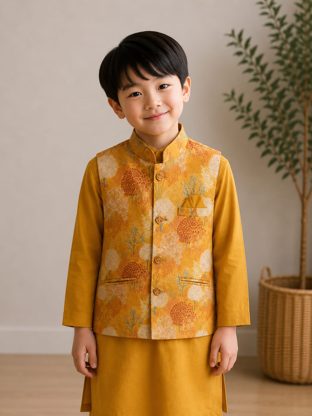 Mustard Tone Long Kurta with Landscape Print Nehru Jacket - 3 pc Set