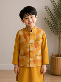 Mustard Tone Long Kurta with Landscape Print Nehru Jacket - 3 pc Set